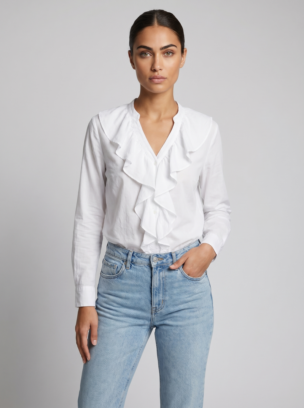 White ruffle blouse with V-neck, long sleeves, button-front and gathered trim