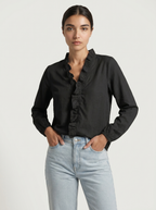 Black ruffle blouse with V-neck, long sleeves, button-front and gathered trim