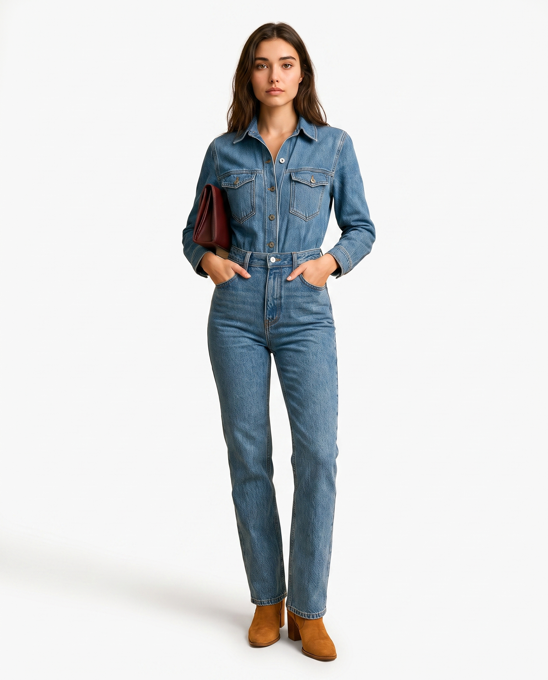 Blå denim buksedragt med skjortekrave, knaplukning og forlommer, lange ærmer