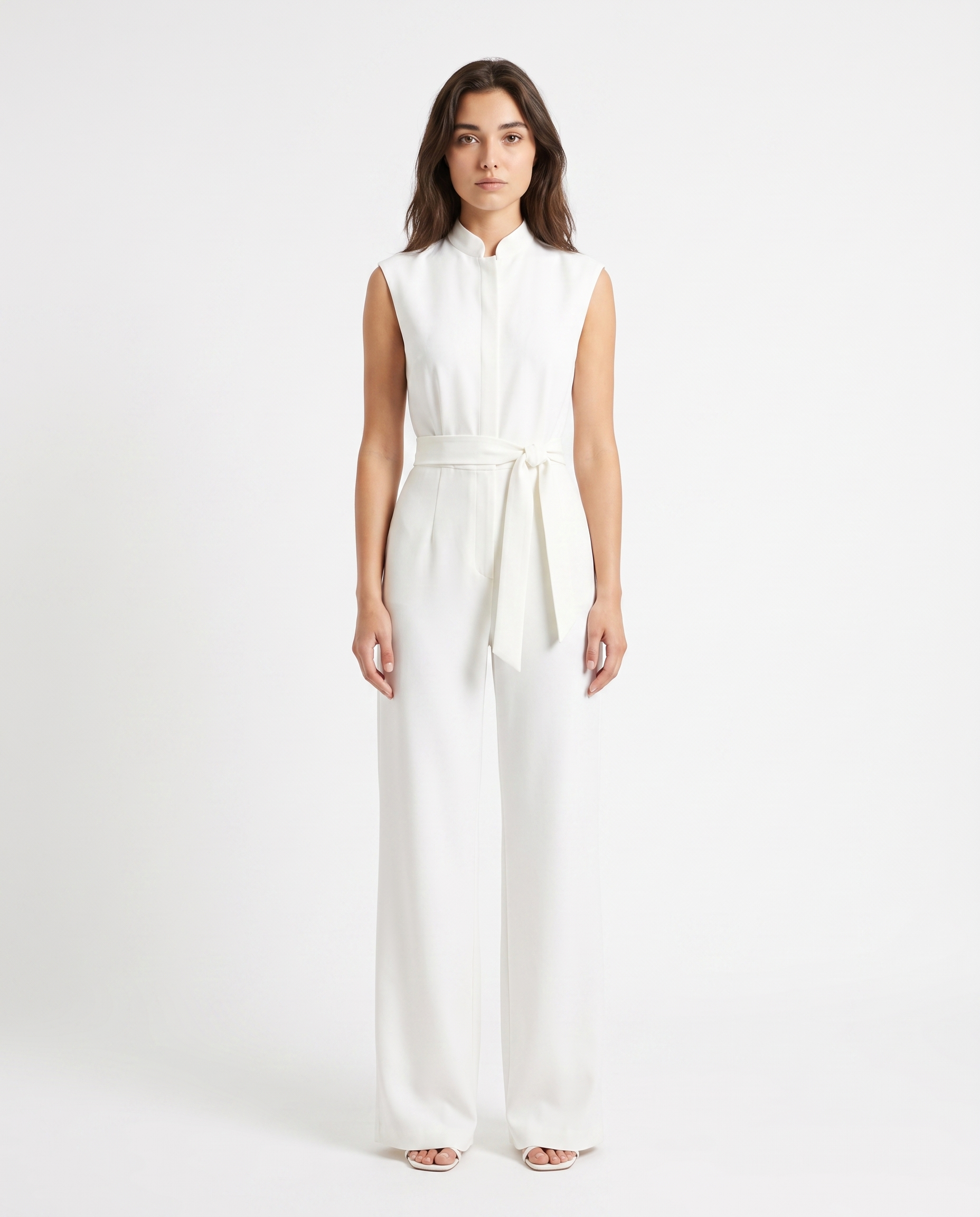 Hvid ærmeløs jumpsuit med høj udskæring og knyttet bælte, lange vide ben